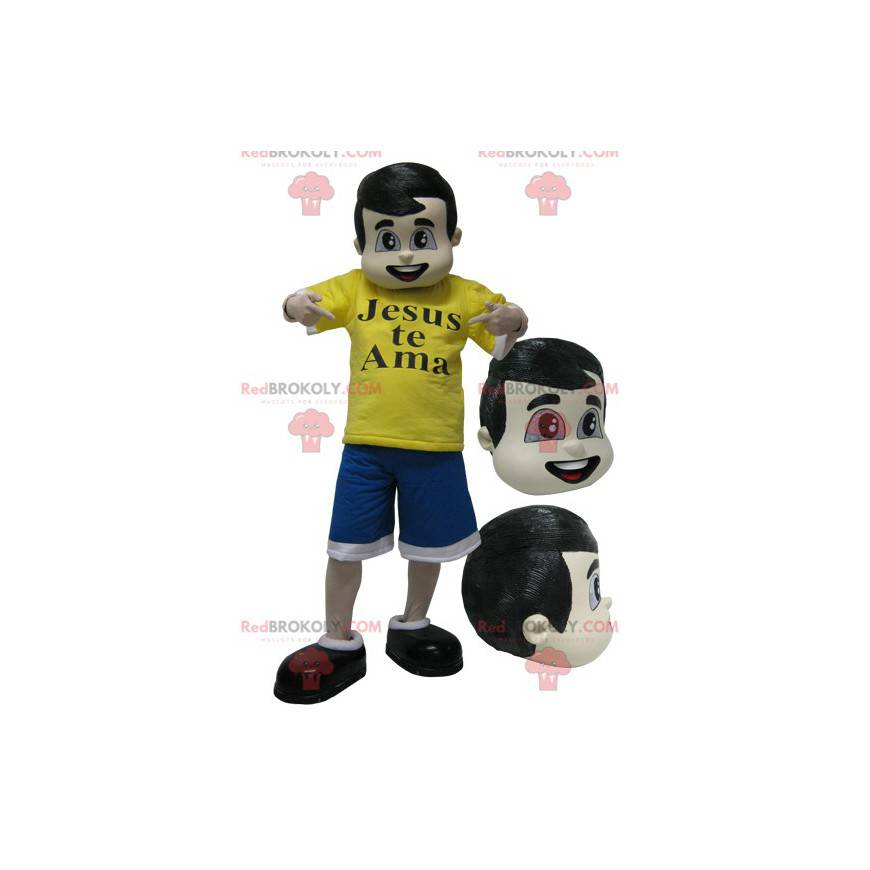 Mascotte ragazzo marrone vestito di blu e giallo - Mascotte ragazzo marrone vestito di blu e giallo -