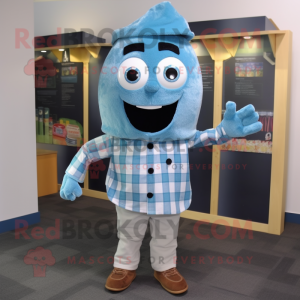 Sky Blue Falafel mascot costume character dressed with a Flannel Shirt and Tie pins