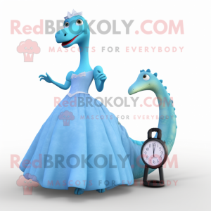 Sky Blue Brachiosaurus mascot costume character dressed with a Ball Gown and Smartwatches