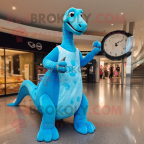 Sky Blue Brachiosaurus mascot costume character dressed with a Ball Gown and Smartwatches