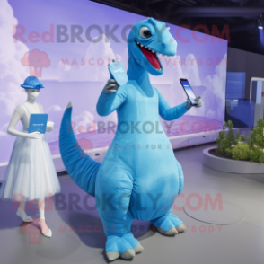 Sky Blue Brachiosaurus mascot costume character dressed with a Ball Gown and Smartwatches