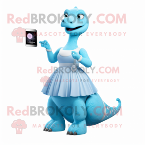 Sky Blue Brachiosaurus mascot costume character dressed with a Ball Gown and Smartwatches