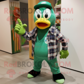 Green Penguin mascot costume character dressed with a Flannel Shirt and Beanies