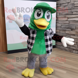 Green Penguin mascot costume character dressed with a Flannel Shirt and Beanies