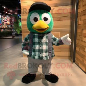 Green Penguin mascot costume character dressed with a Flannel Shirt and Beanies