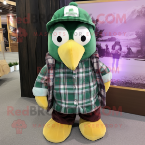 Green Penguin mascot costume character dressed with a Flannel Shirt and Beanies