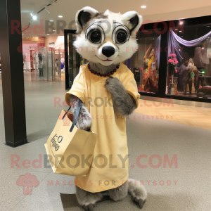 Beige Civet mascot costume character dressed with a Evening Gown and Tote bags