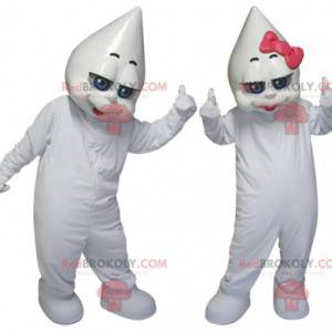 2 mascotes de figuras brancas, uma menina e um menino -