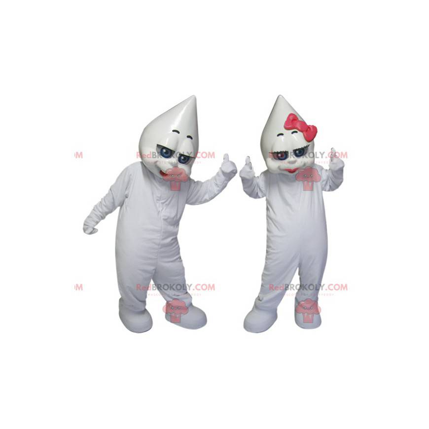 2 mascotes de figuras brancas, uma menina e um menino -