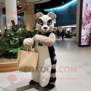 Beige Civet mascot costume character dressed with a Evening Gown and Tote bags