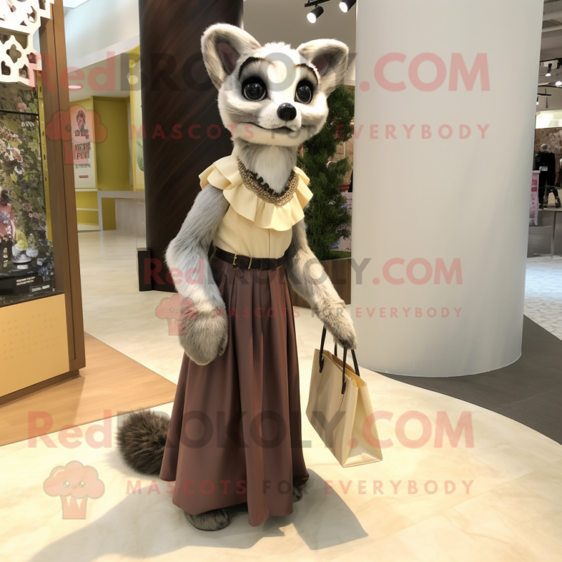 Beige Civet mascot costume character dressed with a Evening Gown and Tote bags