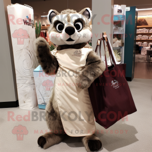 Beige Civet mascot costume character dressed with a Evening Gown and Tote bags