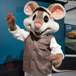 Tan Rat mascot costume character dressed with a T-Shirt and Gloves