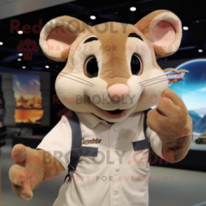 Tan Rat mascot costume character dressed with a T-Shirt and Gloves