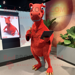 Red Parasaurolophus mascot costume character dressed with a Cardigan and Wallets