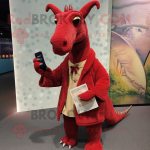 Red Parasaurolophus mascot costume character dressed with a Cardigan and Wallets