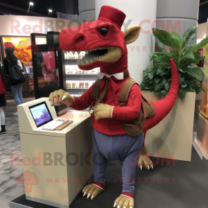 Red Parasaurolophus mascot costume character dressed with a Cardigan and Wallets