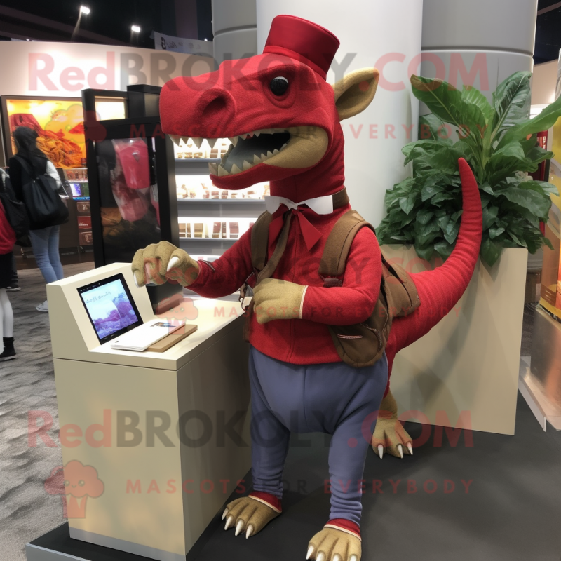 Red Parasaurolophus mascot costume character dressed with a Cardigan and Wallets Red Parasaurolophus mascot costume character dressed with a Cardigan and Wallets