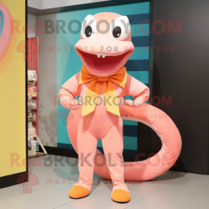 Peach Snake mascot costume character dressed with a Culottes and Bow ties