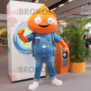 Orange Ray mascot costume character dressed with a Denim Shirt and Digital watches