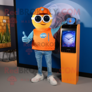 Orange Ray mascot costume character dressed with a Denim Shirt and Digital watches