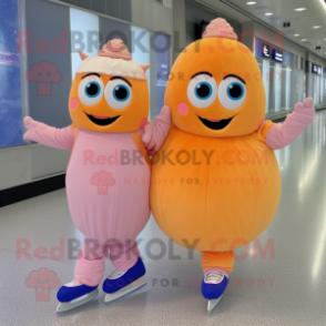 Peach Pair Of Ice Skates mascot costume character dressed with a Jumpsuit and Wraps