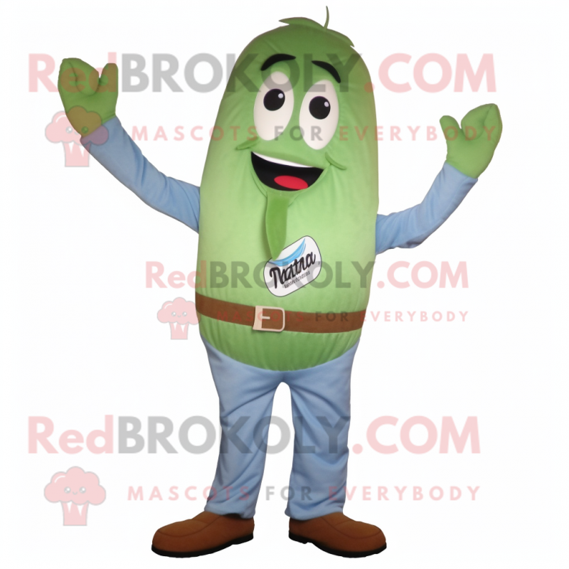 Rust Green Bean mascot costume character dressed with a Chambray Shirt and Ties