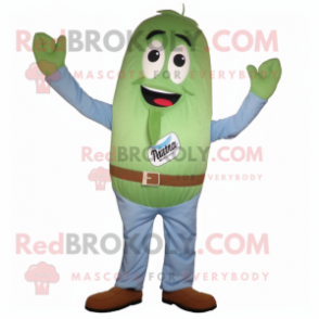 Rust Green Bean mascot costume character dressed with a Chambray Shirt and Ties