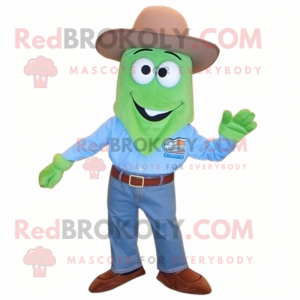 Rust Green Bean mascot costume character dressed with a Chambray Shirt and Ties