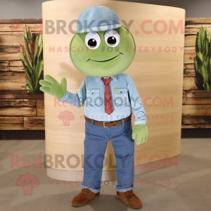 Rust Green Bean mascot costume character dressed with a Chambray Shirt and Ties