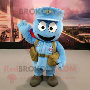 Sky Blue American Soldier mascot costume character dressed with a Cargo Shorts and Scarf clips