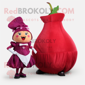 Red Turnip mascot costume character dressed with a A-Line Skirt and Cummerbunds