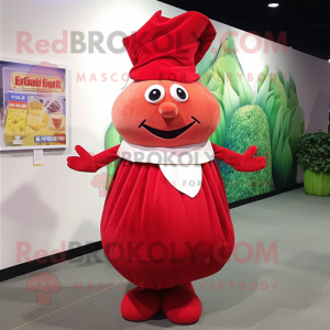 Red Turnip mascot costume character dressed with a A-Line Skirt and Cummerbunds