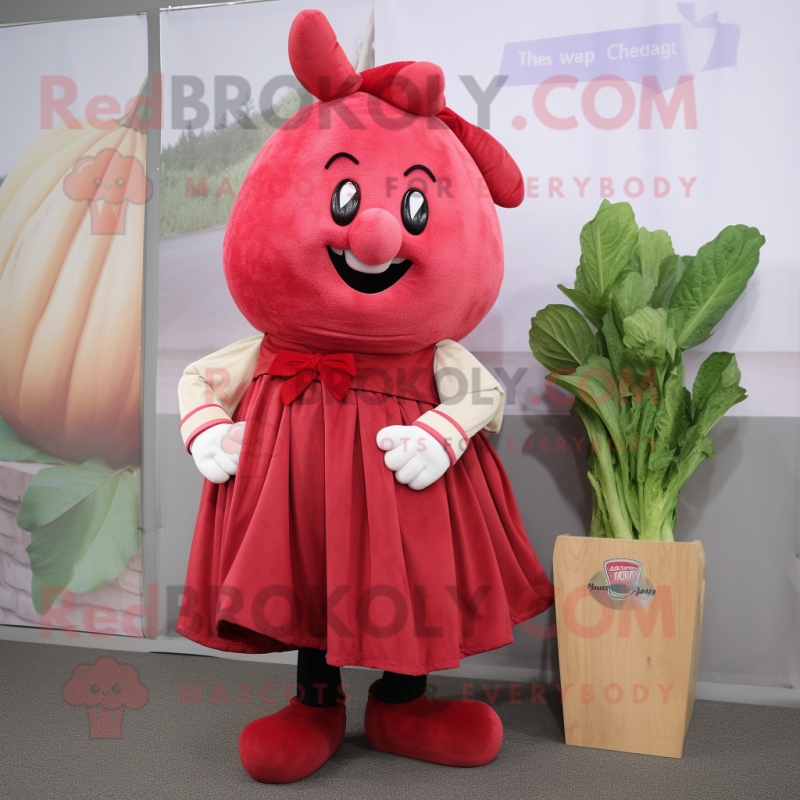 Red Turnip mascot costume character dressed with a A-Line Skirt and Cummerbunds