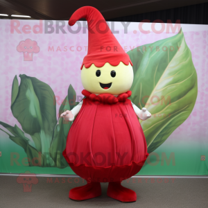 Red Turnip mascot costume character dressed with a A-Line Skirt and Cummerbunds