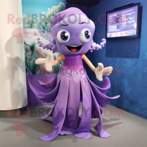 Lavender Kraken mascot costume character dressed with a One-Piece Swimsuit and Scarf clips