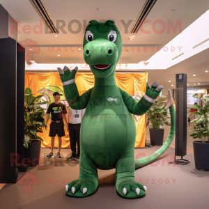 Forest Green Brachiosaurus mascot costume character dressed with a Joggers and Bow ties