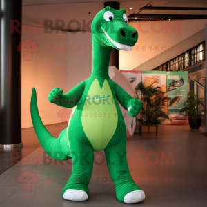 Forest Green Brachiosaurus mascot costume character dressed with a Joggers and Bow ties