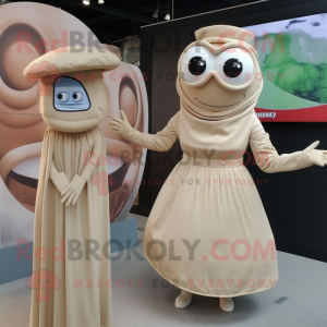 Beige Cyclops mascot costume character dressed with a A-Line Dress and Watches