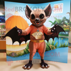Rust Fruit Bat mascot costume character dressed with a One-Piece Swimsuit and Shoe clips