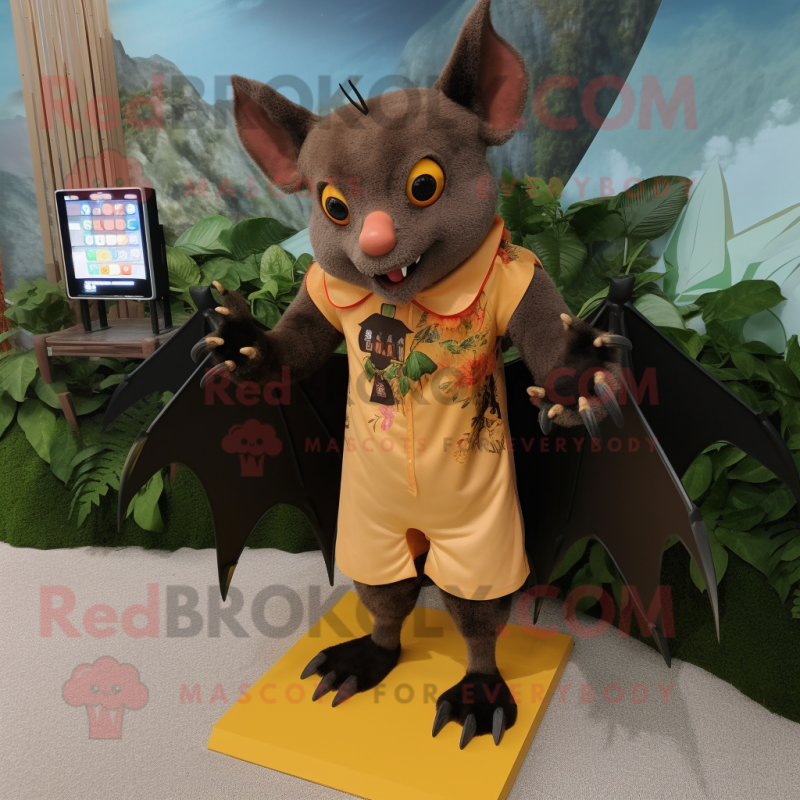 Rust Fruit Bat mascot costume character dressed with a One-Piece Swimsuit and Shoe clips Rust Fruit Bat mascot costume character dressed with a One-Piece Swimsuit and Shoe clips