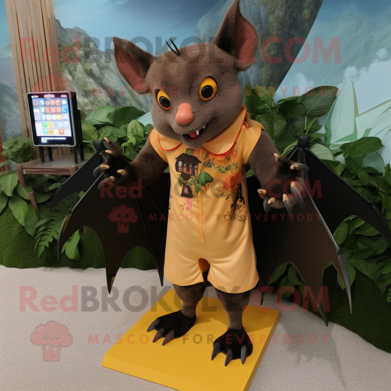 Rust Fruit Bat mascot costume character dressed with a One-Piece Swimsuit and Shoe clips