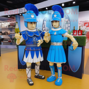 Blue Roman Soldier mascot costume character dressed with a Cocktail Dress and Ties