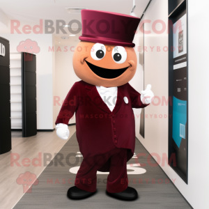 Maroon Hourglass mascot costume character dressed with a Suit Jacket and Shoe laces