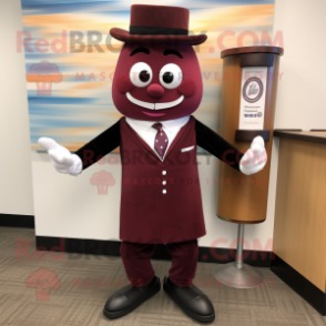 Maroon Hourglass mascot costume character dressed with a Suit Jacket and Shoe laces