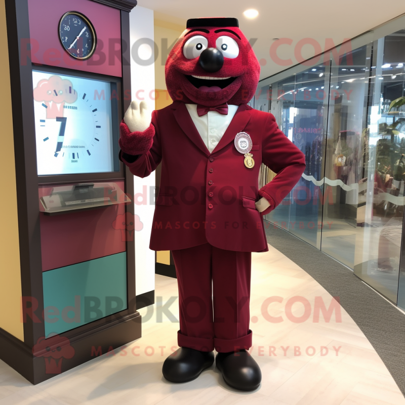 Maroon Hourglass mascot costume character dressed with a Suit Jacket and Shoe laces Maroon Hourglass mascot costume character dressed with a Suit Jacket and Shoe laces
