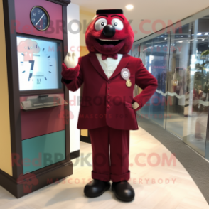 Maroon Hourglass mascot costume character dressed with a Suit Jacket and Shoe laces