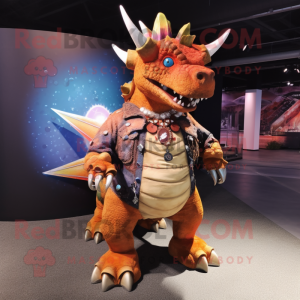 Rust Triceratops mascot costume character dressed with a Flare Jeans and Bracelets