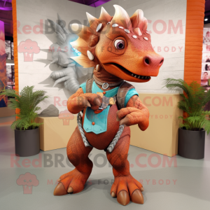 Rust Triceratops mascot costume character dressed with a Flare Jeans and Bracelets