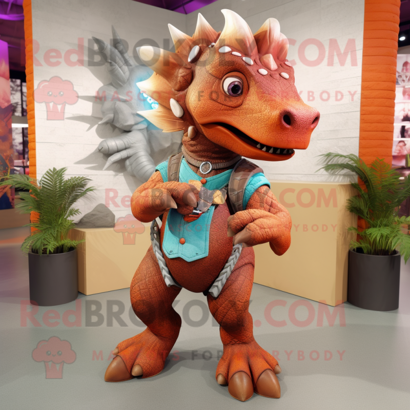 Rust Triceratops mascot costume character dressed with a Flare Jeans and Bracelets Rust Triceratops mascot costume character dressed with a Flare Jeans and Bracelets
